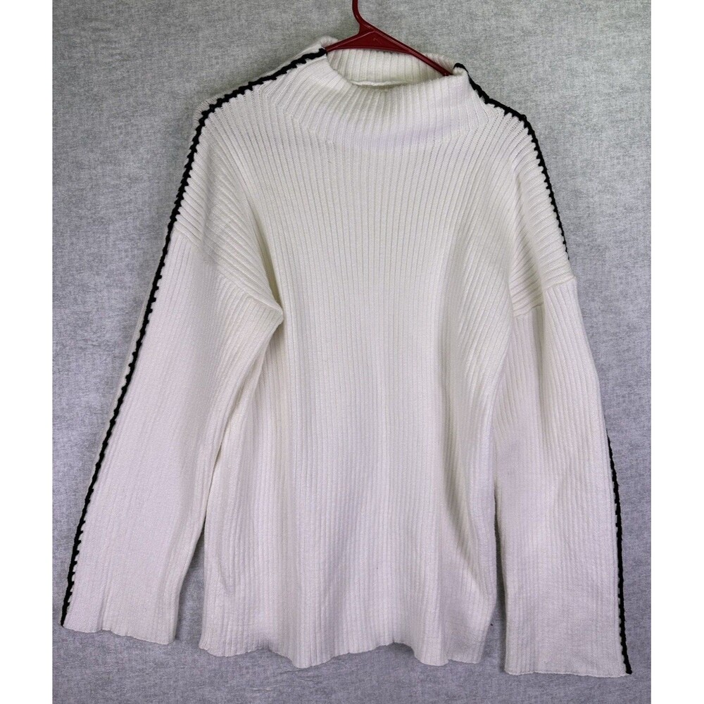 Women's Cream Heavy Cable Knit Mock Neck Sweater Size Small Black Trim Chic